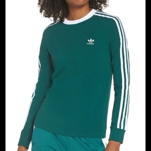 Adidas Originals Green Long Sleeve Tee with White Stripes